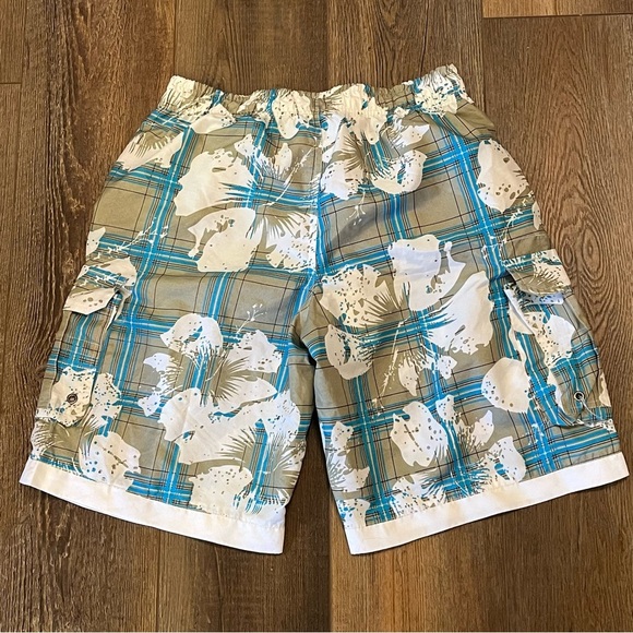 VTG Tropical Hawaiian Swim Trunks Men's M Floral Hibiscus‎ Plaid Mesh Lined Y2K - Picture 2 of 13